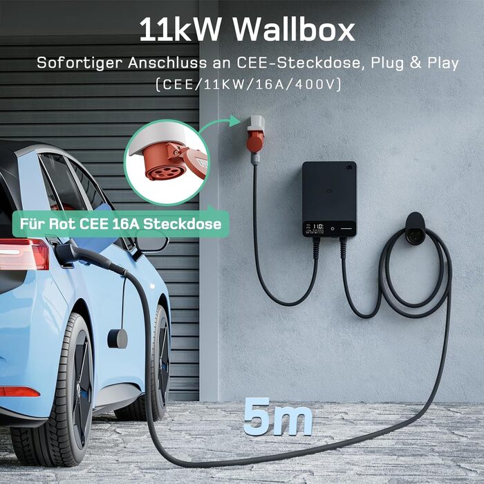 Тип 2 Wallbox 11 кВт з APP і RFID, 3-фазний зарядний пристрій для електромобілів 6-16 А 400 В із зарядним кабелем довжиною 5 м і тримачем кабелю для BEV/PHEV, захистом RCD Type-B і IP55, ефективна зарядна станція для дому, чорний