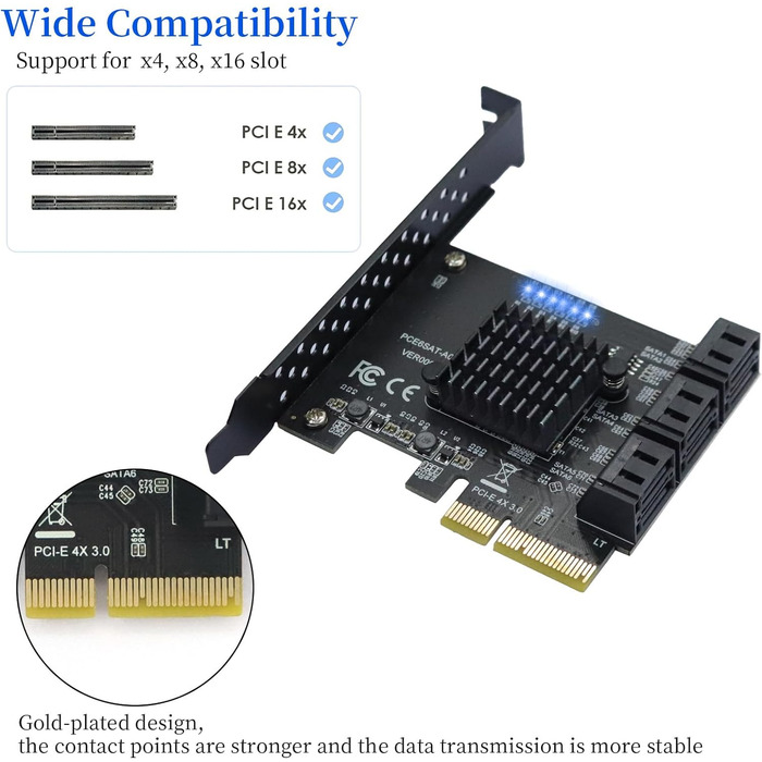 Карта 6 портів, 6 Гбіт/с 4 шт. SATA 3.0 PCIe карта, PCIe до SATA контролера плата розширення без рейду з 6 кабелями SATA низькопрофільний кронштейн, Plug and Play Windows, Linux система ASM1166 чіп 6 портів 4x-чорний