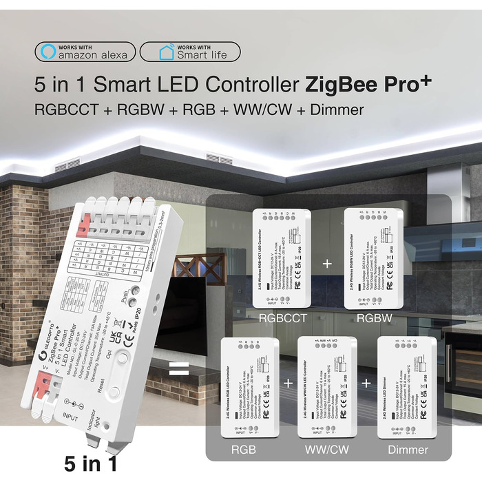 Контролер GLEDOPTO ZigBee для світлодіодної стрічки RGBCCT WRGBWW для 12 В або 24 В протестовано з Philips Hue*, Alexa Echo Plus, Homee (Pro 5в1)