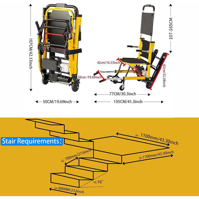 Електричні сходові інвалідні візки, розбірний сходовий підйомник для інвалідів похилого віку, регульований евакуаційний сходовий підйомник для людей похилого віку, вантажопідйомність 330 фунтів