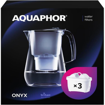 Фільтр для води AQUAPHOR Onyx 4,2 л, для зменшення вапняного нальоту, хлору та інших забруднень, включаючи 3 фільтрувальні картриджі Maxfor - фільтр для води преміум-класу у скляному вигляді. - Чорний