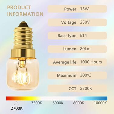 Упаковка з 3 ламп для духовки T22 E14 з регулюванням яскравості, теплий білий 2700K, термостійкість до 300C, 80LM, капсульна лампа Едісона E14, для соляних ламп, домашніх печей, холодильників, кухонних витяжок