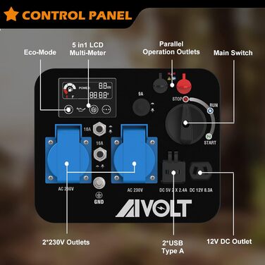 Інверторний генератор електроенергії AIVOLT 3200 Вт Генератор аварійного живлення Бензиновий тихий генератор для кемпінгу, фестивалів, інструментів та домашнього використання з 2 USB та двома розетками 230 В 3200 Вт