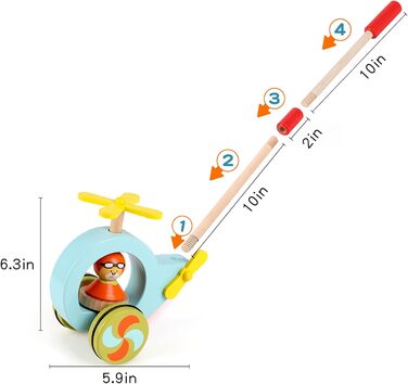 Дерев'яна тягнеться іграшка штовхає іграшка вертоліт дерев'яна тварина для ходьби допомога для малюків зі знімною палицею 24 дюйма
