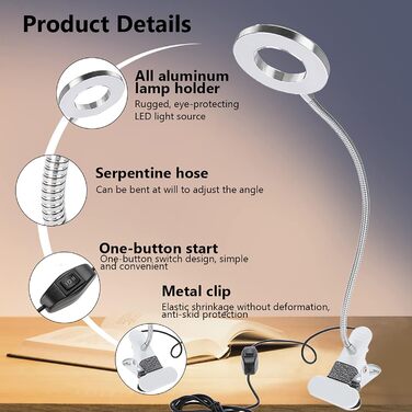 Світлодіодна лампа для татуювань, гнучка лампа для читання з довгою рукою USB, портативна настільна лампа для захисту очей з регулюванням яскравості колірної температури для напівперманентного макіяжу Татуювання Нейл-арт Читання Робота