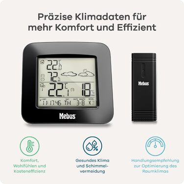 Бездротова метеостанція Mebus з зовнішнім датчиком, термометром, гігрометром, прогнозом погоди, фазами місяця, будильником з повтором будильника, календарем/матеріал пластик/колір чорний/модель 40715