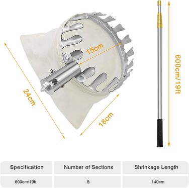 Плодозбірник з телескопічною ручкою та тканинним мішком Плодозбірник з нержавіючої сталі Плодозбірник для збору плодів у важкодоступних місцях на фруктових деревах Плодозбірник для вишні 600 см/19 футів