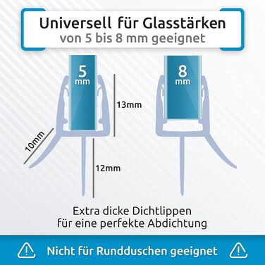 Змінний ущільнювач душу Sealis - Ущільнювач для 5 мм / 6 мм / 7 мм / 8 мм Скляні двері Душова кабіна Душова кабіна Дефлектор води Захист від бризок Ущільнювальна стрічка (комплект) (80 см, прозора)