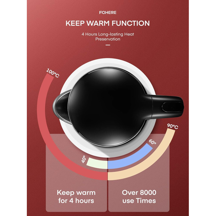 Чайник з налаштуванням температури 1,7 л, дисплей температури на РК-дисплеї від 40 C до 100 C, чайник FOHERE з подвійними стінками чорний, 240 хв підтримання тепла, тихий і швидкий нагрів 2200 Вт