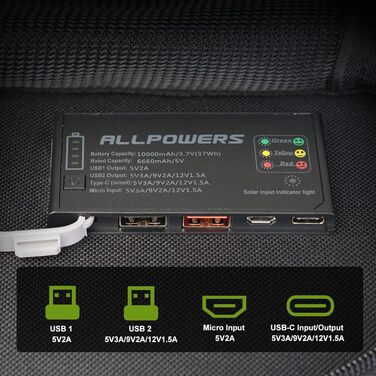 Сонячна панель ALLPOWERS 5 В 21 Вт, портативний сонячний зарядний пристрій, 3 USB-виходи та 2 USB-входи, водонепроникна складна сонячна панель, сонячний зарядний пристрій, сонячний зарядний пристрій для смартфонів, планшетів, відпочинку на природі, кемпін