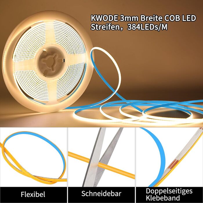 Світлодіодна стрічка KWODE COB 3000K Тепла біла, 2M 768LED, світлодіодна стрічка COB з можливістю затемнення шириною 3 мм, гнучка світлова стрічка 12 В постійного струму з джерелом живлення та радіочастотним пультом дистанційного керування для вітальні, с