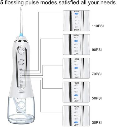 Електричний бездротовий іригатор для порожнини рота, SuperUvistare Professional Water Flosser Іригатор для порожнини рота IPX7 водонепроникний, очищувач зубів з резервуаром для води 300 мл, 5 режимів і 6 насадок, білий