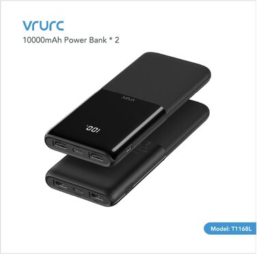 И, Power Bank USB C Портативний зарядний пристрій Зовнішній акумулятор мобільного телефону 2 USB USB C 2.4A Вихідні порти для смартфонів, iPhone, Samsung, Huawei, телефонів Android та інших Black Black & Black, 10000mAh 2 шт.