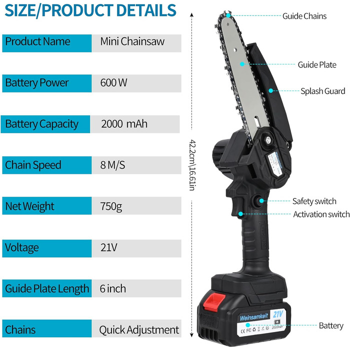 Міні-бензопила Euakee з акумуляторною 6-дюймовою міні-бензопилою електрична з 2 батареями, 2 ланцюгами та 2 напрямними пластинами Портативна акумуляторна пила Одноручна бензопила електрична для секатора Секатори Різання деревини