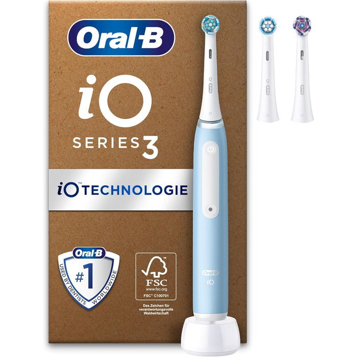 Електрична зубна щітка Oral-B iO Series 3 Plus Edition, ПЛЮС 3 щітки, 3 режими чищення для догляду за зубами, упаковка, що підлягає переробці, дизайн Braun, крижано-блакитний Синій