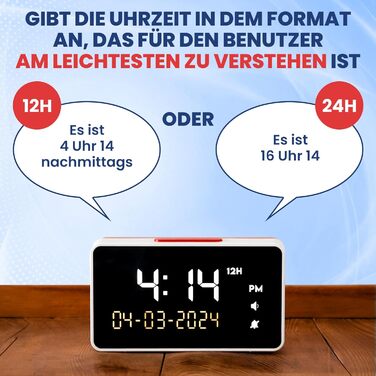 Розмовляючий будильник - гучна гучність - для людей похилого віку, слабозорих, сліпих, пацієнтів з хворобою Альцгеймера - Годинник в 12 або 24-годинному форматі - будильник з великими цифрами, німецький голос