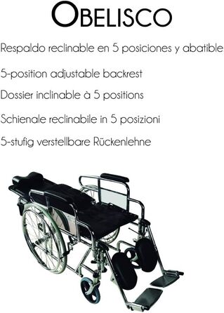 Інвалідний візок, Obelisco, європейський бренд, для людей похилого віку та інвалідів, легкий, алюміній, інвалідний візок з функцією відкидання, підставка для ніг і підголівник, чорний, ширина сидіння 45 см