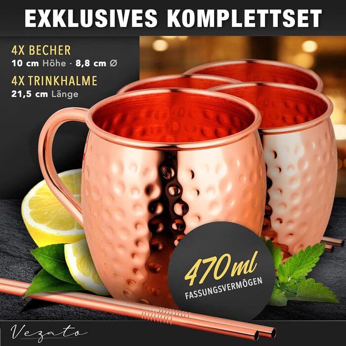 Кружки Vezato Moscow Mule Mugs 500 мл - Ковані мідні кружки з соломинками - Набір ручної роботи 4 шт. и - Мідні кружки з нержавіючої сталі