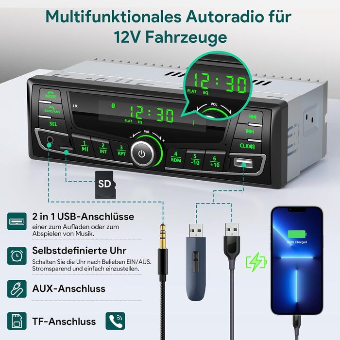 Автомобільна стереосистема RDS Bluetooth, Wistrue FM/AM/7 кольорів автомобільна стереосистема з Bluetooth гучного зв'язку, автомобільна стереосистема 1Din з USB/AUX/SD/MP3-плеєром із 30 станціями (багатобарвна)