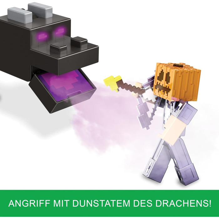 Набір фігурок Mattel Minecraft Ендер Дракон, світло, звуки та дим зі Стівом та Ендерменом, точнісінько в масштабі до фігурок заввишки приблизно 8 см HTN25