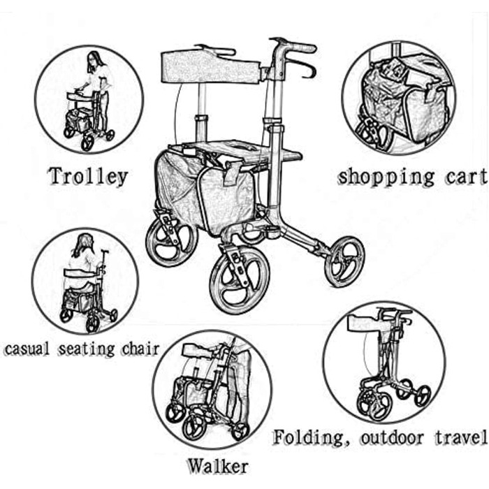 Допоміжні засоби для ходьби для літніх людей, алюмінієві алюмінієві допоміжні засоби для ходьби дорослих, розбірні, допоміжні засоби для ходьби для людей похилого віку з колесами та сидінням, регульована ручка, спільне використання