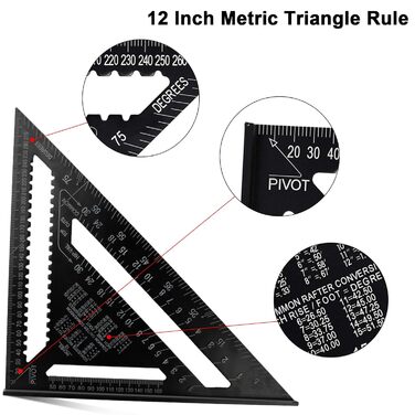 Кутник столярний Кутник метричний Трикутна лінійка 300 мм, алюмінієвий кутник Високоточний вимірювальний інструмент для столярів ідеально підходить для кутника, транспортира, розмічального інструменту