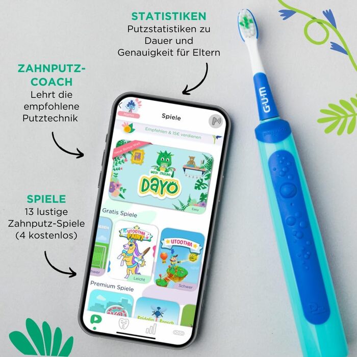 Електрична зубна щітка GUM Playbrush KIDS 3 Інтерактивний ігровий додаток 2 режими очищення Дуже м&39яка щетина Батарея на 8 тижнів Таймер звукова зубна щітка, акумуляторна 2 додаткові насадки для щіток Синій