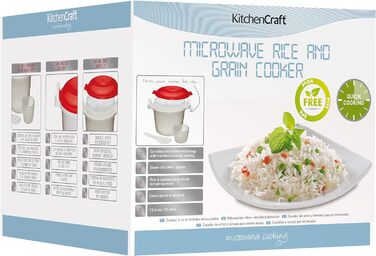 Рисоварка KitchenCraft - пароварка для мікрохвильової печі, пластик без бісфенолу А, 1,5 літра, білий/червоний