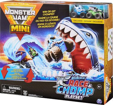 Ігровий набір Monster Jam, Mini Megalodon Race та Chomp з 2 міні-вантажівками у масштабі 187, іграшка-монстр-трак для дітей віком від 3 років і старше