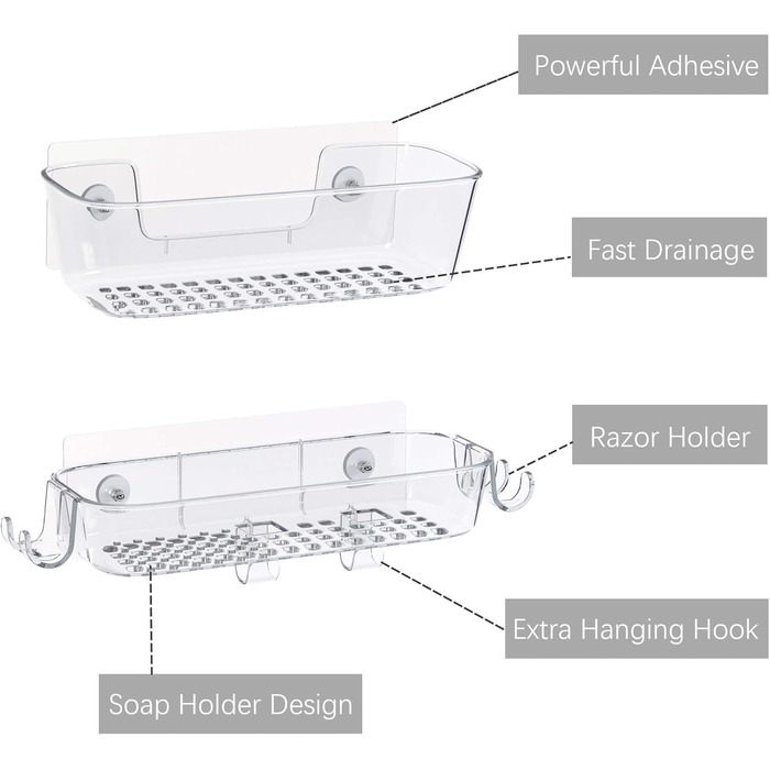 Душова полиця, самоклеючий органайзер для душу, нержавіюча, з тримачем для бритви та гачком, душова полиця для зберігання у ванній кімнаті (прозора, 2 шт.)