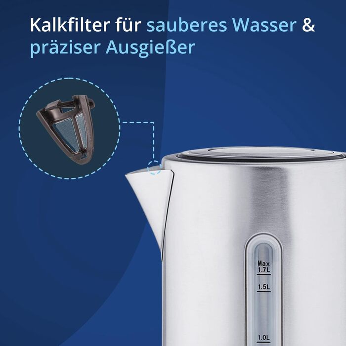 Чайник KHG WK-1703 ES з нержавіючої сталі, 1,7 літра, 5 режимів температури 50-100C, фільтр від накипу, індикатор рівня води, захист від википання та автоматичне вимкнення, прихований нагрівальний елемент, без бісфенолу А, 2200 Вт