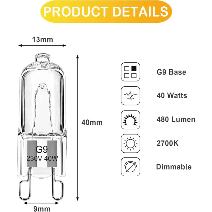 Лампа для духовки EASYIVY G9 40 Вт 230 В Галогенна лампа для духовки G9 для духовки AEG/Neff/Zanussi/Smeg/Bosch, мікрохвильова піч, 300 градусів C, термостійкі лампи, упаковка з 2 шт.