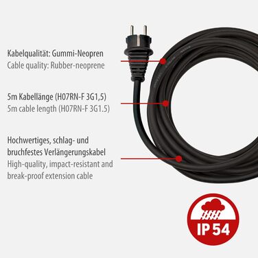 Кабель для будівельного майданчика Brennenstuhl IP54 з блоком живлення (4-смуговий подовжувач для вулиці, зовнішній розподільник з кабелем 5 м) Одинарний 5 м