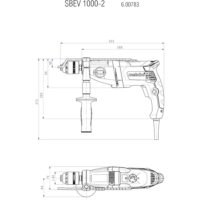 Ударний дриль-шуруповерт Metabo SBEV 1000-2 - 600783500 - З постійною частотою обертання під навантаженням для універсального свердління - довжина кабелю 4 м