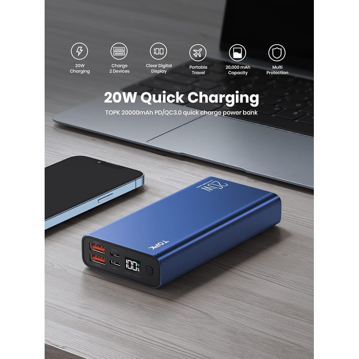 Швидка зарядка USB C Powerbank 20000mah LED Display Зовнішній акумулятор сумісний зі смартфоном, планшетами тощо. версія 2022 20 Вт синій, 20W PD QC3.0