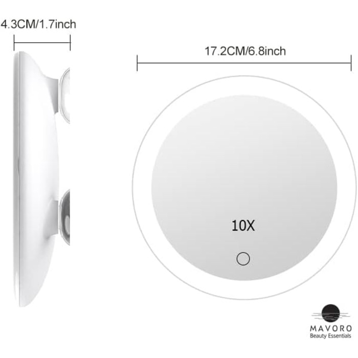 Світлодіодне збільшувальне дзеркало Mavoro з присосками - потрійне наклеювання світлодіодного дзеркала для макіяжу з підсвічуванням і 10-кратним збільшенням. Портативне туристичне косметичне дзеркало збільшене, настінне акрилонітрил-бутадієн-стирол (ABS)