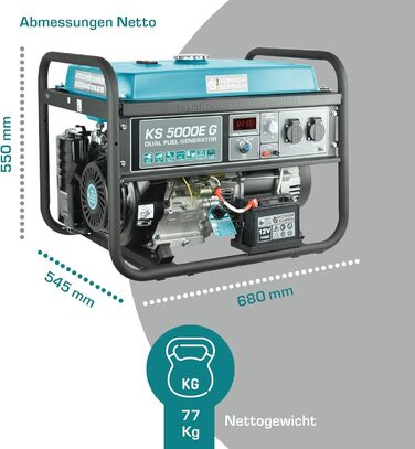 Генератор на зрідженому газі K&S Knner&Shnen KS 5000E G серії DUAL FUEL, аварійний генератор 4500 Вт, ручний/електрозапуск, 2х16А, 12 В, генератор з (AVR), генератор, генератор захист від короткого замикання синій 5000e G