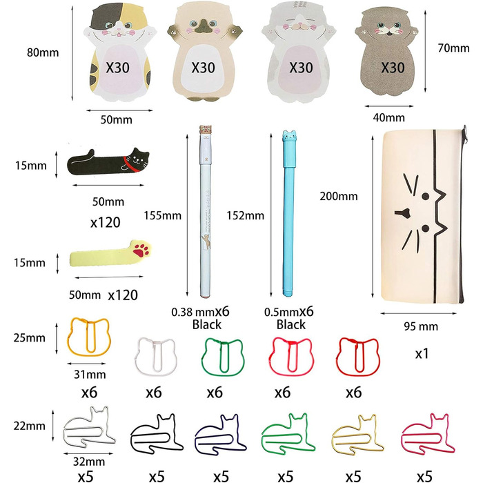 Шкільне приладдя для кішок DUGYIRS 360 аркушів Милі коти Наліпки 60 шт. Кішки Скріпки Затискачі для закладок 12 шт. Креативна гелева ручка для кішок і ука біла сумка для кішок для шкільного офісу