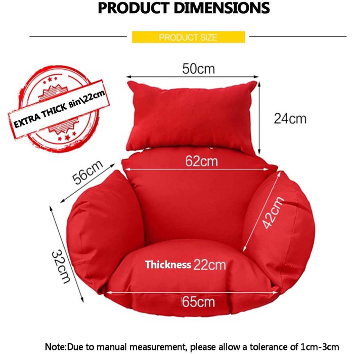Подушка для крісла-гойдалки, подушка для крісла-гамака з ремінцем, подушка для крісла-гамака з ремінцем, 20 см, ультра товста подушка для підвісних крісел-гамаків для приміщень і вулиці (Синій) Синій