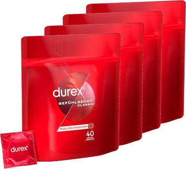 Класичні презервативи Durex Feeling тонкі презервативи з анатомічною формою, що легко наноситься та зволожені силіконовою змазкою упаковка 40 шт. (1 x 40 шт. ) (40 шт. (4 упаковки))