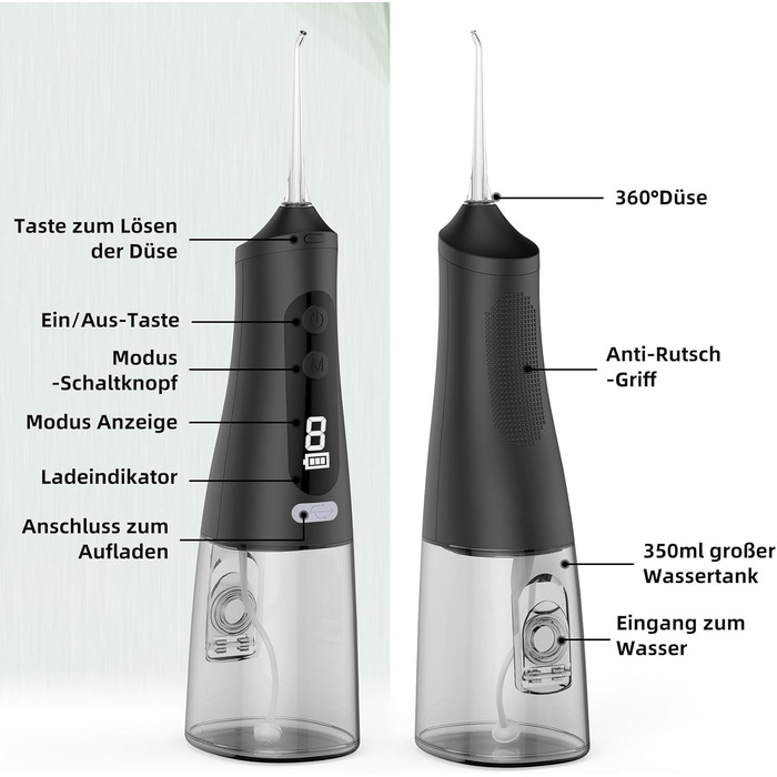 Потужний іригатор для порожнини рота 9 режимів і 4 насадки Акумуляторний іригатор для порожнини рота IPX7 Водонепроникний водонепроникний флоссер 350 мл знімний резервуар для води для дому та подорожей чорний