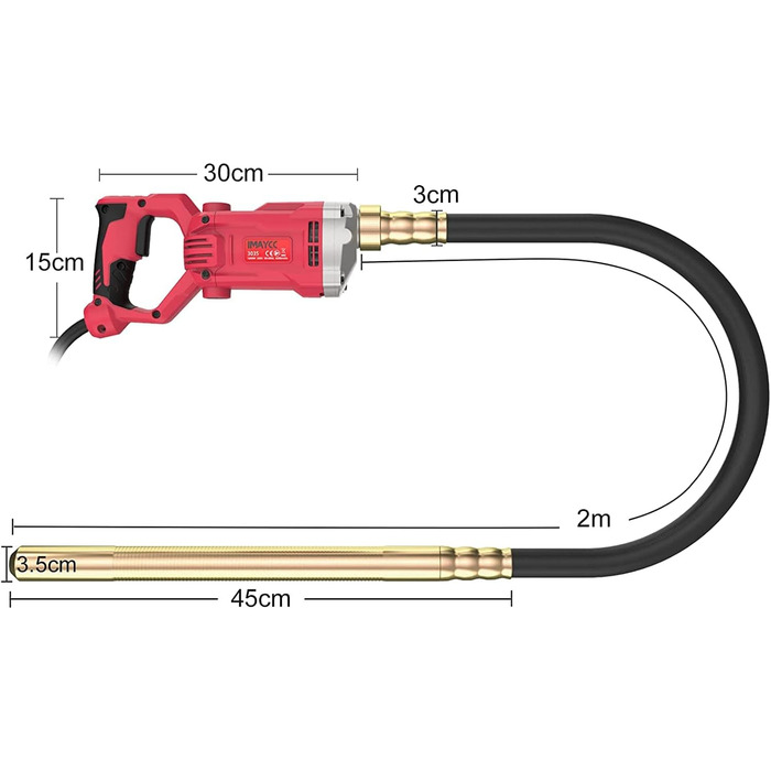 Електричний вібратор для бетону IMAYCC, внутрішній вібратор для пляшок потужністю 1500 Вт, вібраційний вібратор для бетону довжиною 2 м, швидкість валу перемішування 4200 об/хв