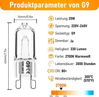 Лампа для духовки Jaenmsa G9 25W 300 градусів і галогенна лампа з регулюванням яскравості 230V, термостійка до 300C 2700K теплий білий для духовки Neff Bosch холодильника мікрохвильової витяжки