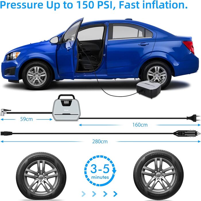 Компресор Reesibi 12 В 230 В, автомобільна шина з електричним повітряним насосом з цифровим дисплеєм, світлодіодним робочим світлом і набором адаптерів сірого кольору