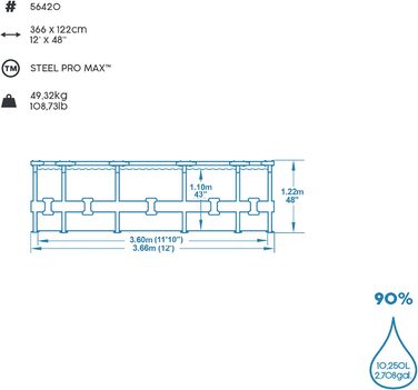 Каркасний басейн Bestway Steel Pro MAX Повний комплект з фільтруючим насосом Ø 366 x 122 см, світло-сірий, круглий одинарний