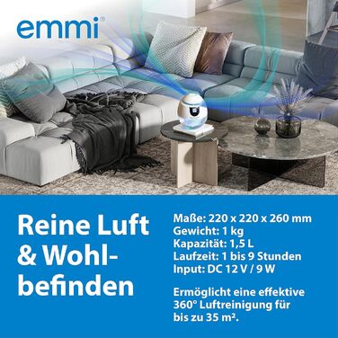 Іонний очищувач повітря Emmi Air - підходить для алергіків до 35 м Очищувач повітря з іонами, що нейтралізують запах Ідеальний захист від пилу, вірусів, пилку та запаху акрилу