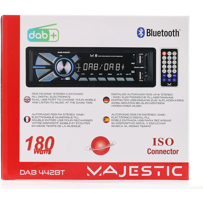 Автомобільна радіостанція RDS Стерео/DAB PLL, Bluetooth, два входи USB, SD/AUX-IN, 180 Вт (45 Вт x 4 канали), чорний одинарний, 442 BT