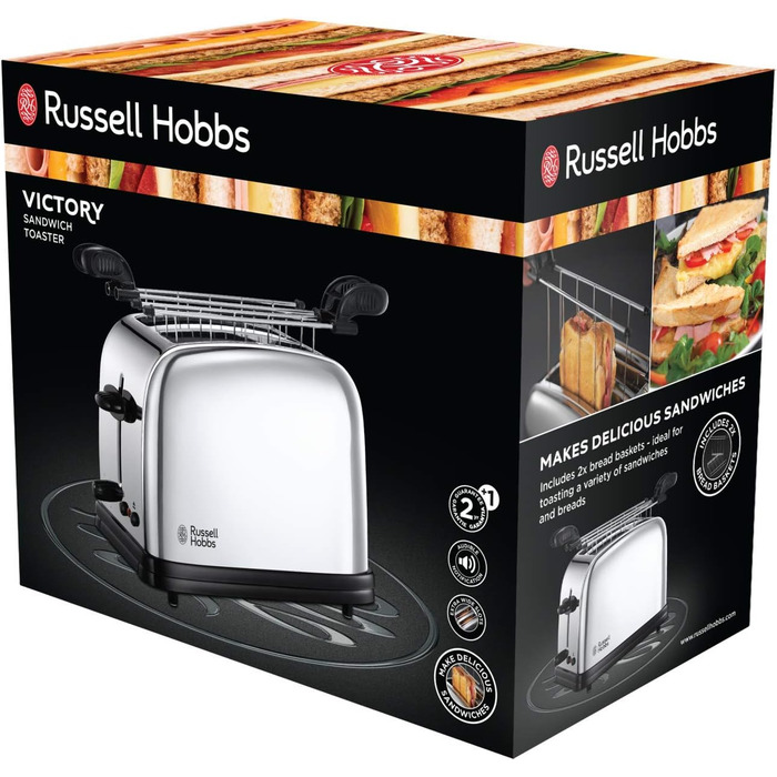 Сендвіч з тостером Russell Hobbs на 2 скибочки, включаючи щипці для сендвічів/паніні Victory Stainless Steel (надзвичайно широкі отвори для тостів, 6 рівнів підрум'янювання функція розморожування та розігріву, 1200 Вт) 23310-57