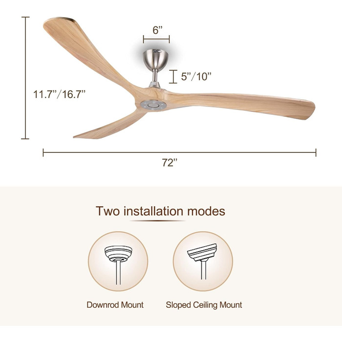Великий дерев'яний розумний стельовий вентилятор Ovlaim без світла, 3-лопатевий внутрішній і зовнішній двигун постійного струму високої потужності Стельовий вентилятор без світла, 183 см, (без світла, натуральний і сріблястий)