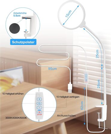 Настільна лампа Світлодіодна настільна лампа з регулюванням яскравості 3 кольори та 10 рівнів яскравості Настільна затискна дитяча, гнучка лампа для читання для дому, офісу, читання, приліжкової лампи USB-порт, регульований, білий